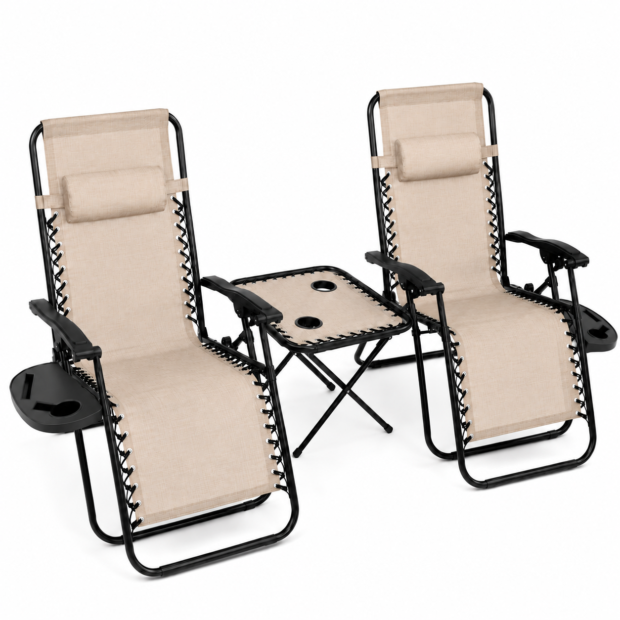 Marbueno Set 2 gravities con bandejas y mesa plegable acero c/cojin beige 90 × 66 × 108 cm - 50 × 50 × 50 cm bolsa