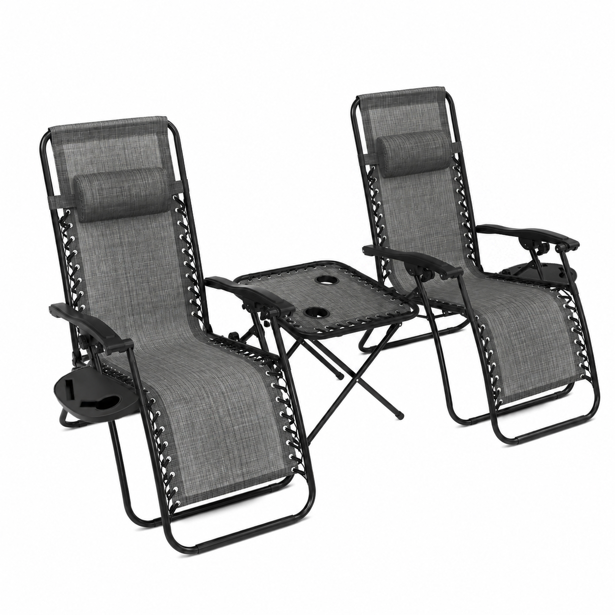 Marbueno Set 2 gravities con bandejas y mesa plegable acero c/cojin gris jaspeado 90 × 66 × 108 cm - 50 × 50 × 50 cm
