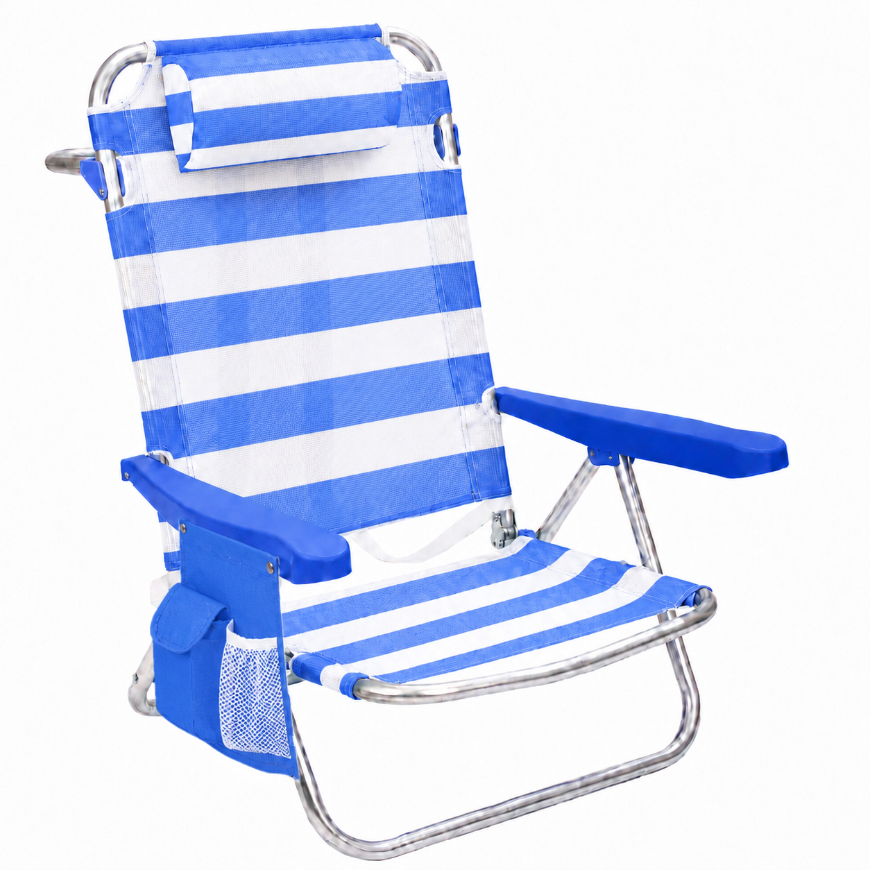 Marbueno Silla con tirantes plegable 5 pos. aluminio rayas azules y blancas 65 × 44 × 78 cm bolsa